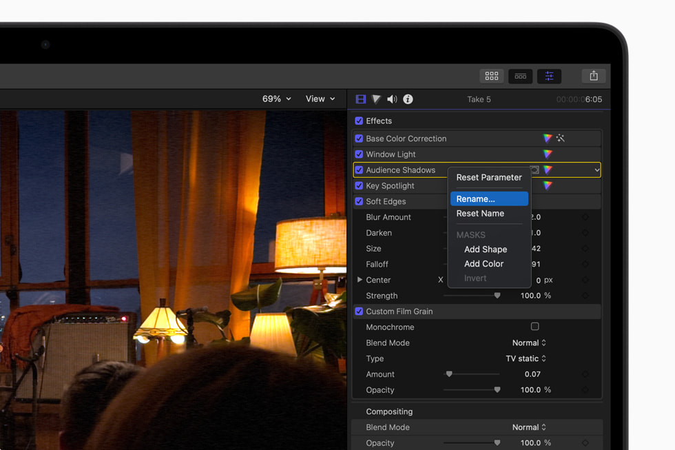 Uzay siyah? 16 in? Macbook Pro’daki Mac i?in Final Cut Pro 10.8’de ?zel denet?i isimleri g?steriliyor.