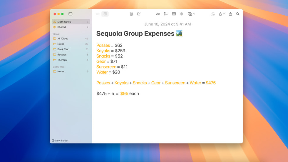 Hình ?nh m?t phép tính Math Notes hi?n th? trong ?ng d?ng Ghi Chú trên MacBook Pro.