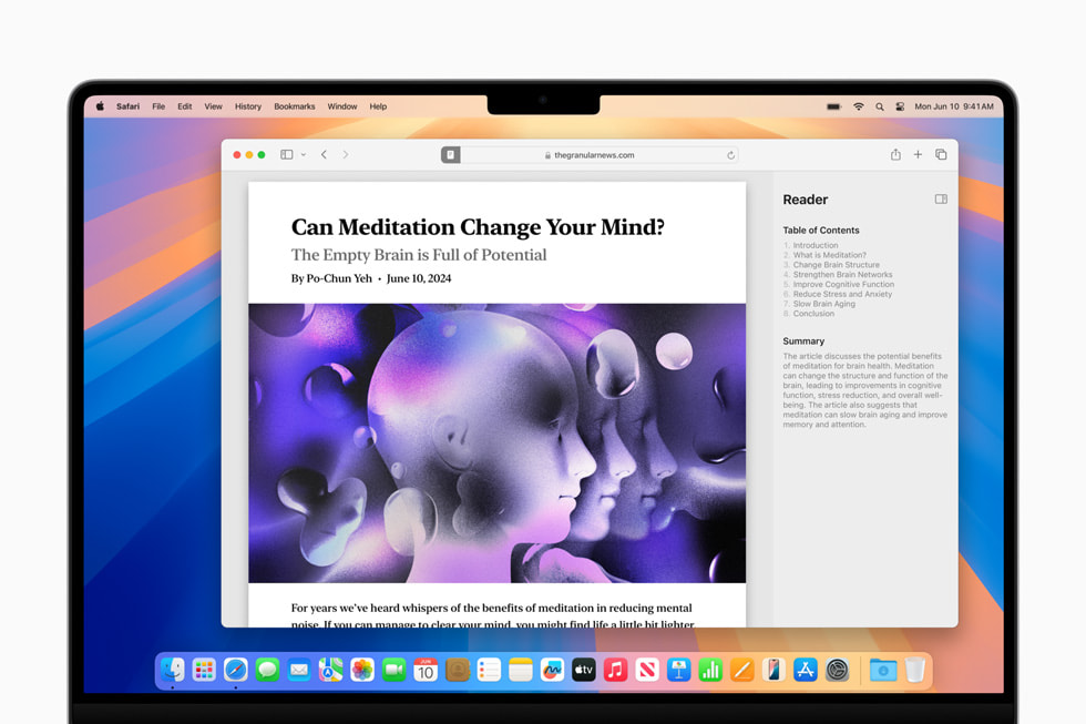Hình ?nh Trình ??c v?i thi?t k? m?i hi?n th? trong Safari trên MacBook Pro cùng m?c l?c và tóm t?t ? phía bên ph?i c?a s?.