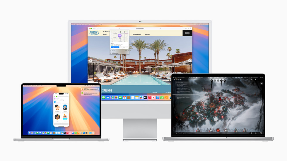 Hình ?nh tính n?ng Ph?n Chi?u iPhone hi?n th? trên MacBook Pro, tính n?ng Highlights trên Safari hi?n th? trên Mac và tr?i nghi?m ch?i game chan th?c h?n hi?n th? trên m?t MacBook Pro khác.