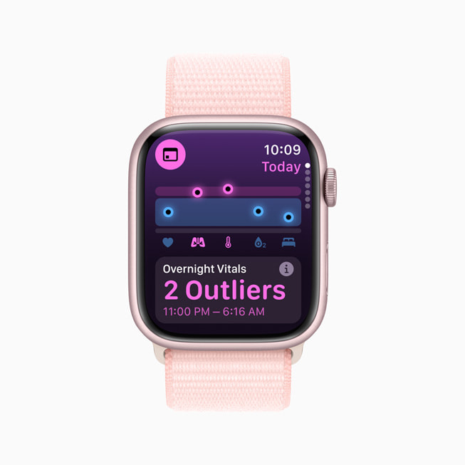 Apple Watch Series 9 的「Vitals」app 顯示使用者的異常夜間指標(biāo)。