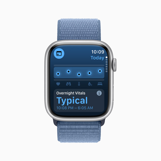 Apple Watch Series 9 的「Vitals」app 顯示使用者的正常夜間指標(biāo)。