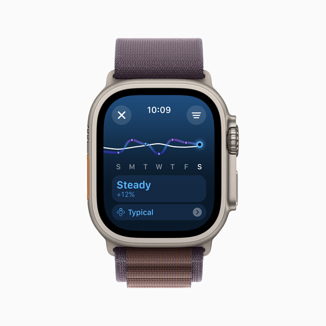 Apple Watch Ultra 顯示使用者的訓(xùn)練負(fù)荷值為「Steady」。