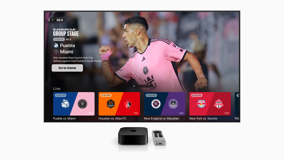 Layar MLS Season Pass menampilkan foto Lionel Messi dan menayangkan pertandingan “Puebla vs Miami”, serta di bagian bawah layar menampilkan tiga pertandingan Leagues Cup lainnya yang akan dimulai pada waktu yang sama.