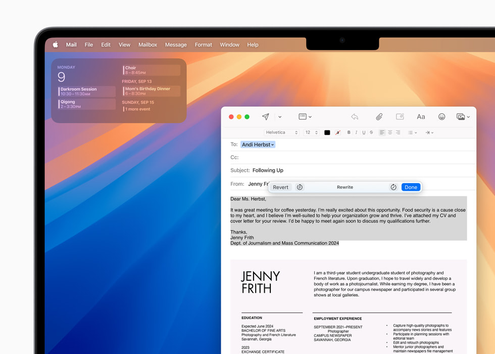 MacBook Pro 14’te, Mail uygulamas?nda Yazma Ara?lar? ekran? ve bir mailde i?aretlenen metni yeniden yazma se?ene?i g?steriliyor.