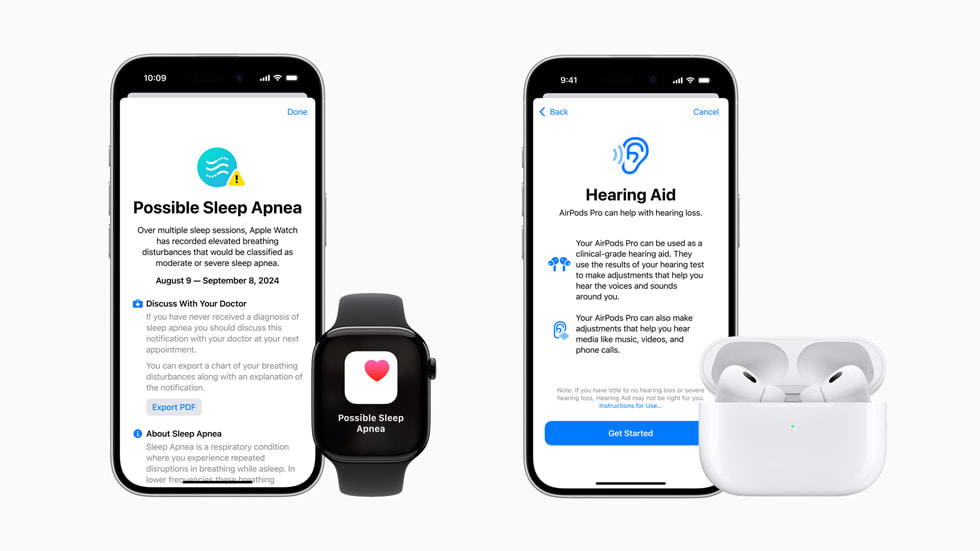 Deux iPhone?16?Pro affichant les nouvelles fonctionnalités Notifications d’apnée du sommeil et Appareil auditif.
