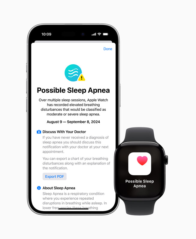 Une Apple?Watch?Series?10 et un iPhone?16?Pro affichant la nouvelle fonctionnalité Notifications d’apnée du sommeil.