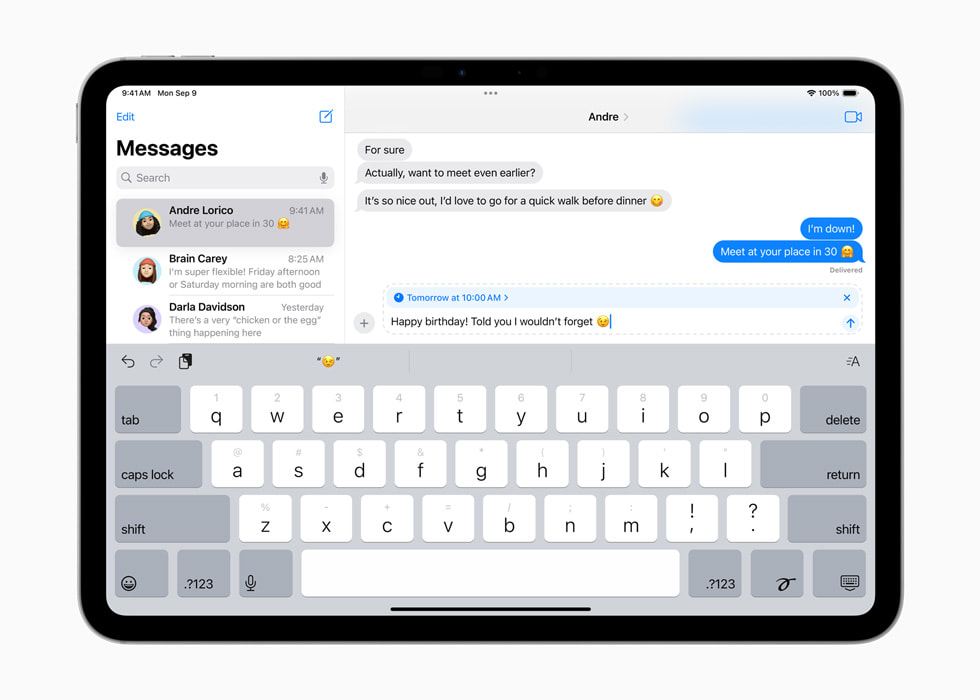 Op een 11?inch iPad?Pro wordt een verjaardagsbericht ingepland dat de dag erna moet worden verstuurd.