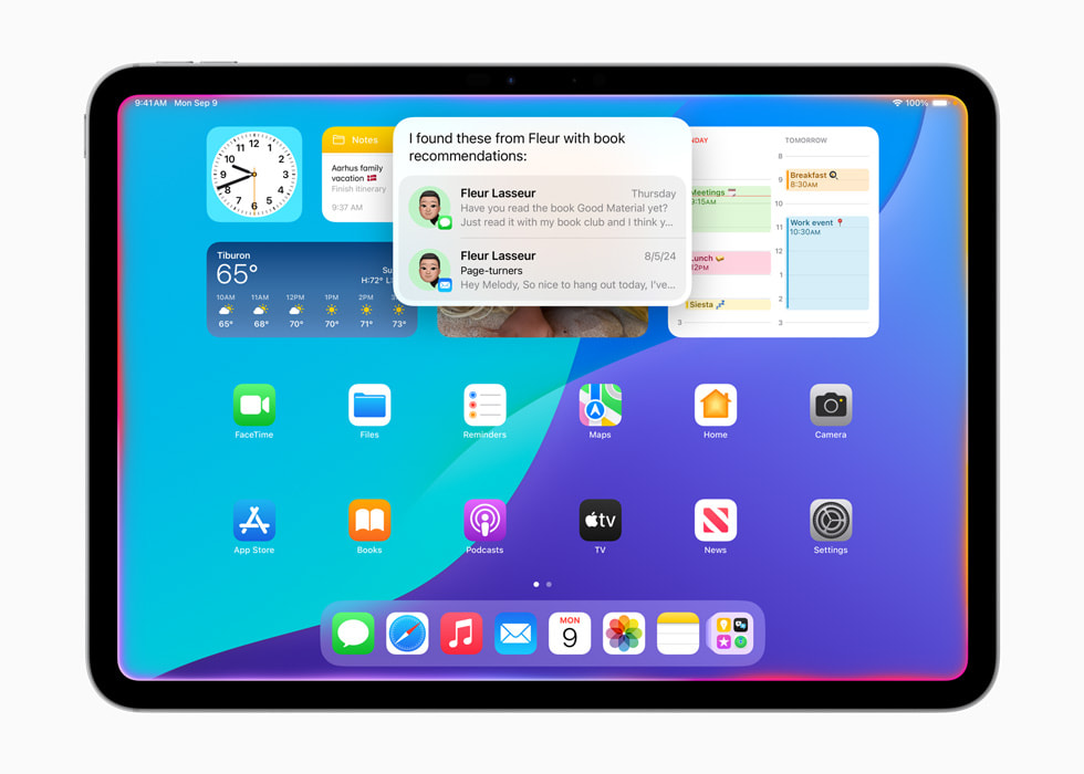 Op een 11?inc iPad?Pro zoekt Siri naar een boekentip in berichten en Mail, waarbij de rand van het scherm oplicht.