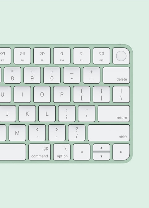 Ye?il renkte iMac i?in Magic Keyboard’un yak?n ?ekim g?rüntüsü.
