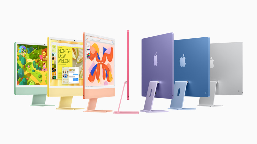 Yeni iMac ye?il, sar?, turuncu, pembe, mor, mavi ve gümü? renk se?enekleriyle g?rülüyor.