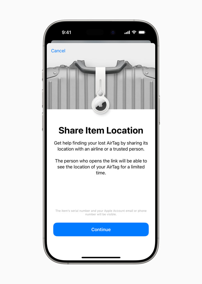 On iPhone 16 Pro within Find My, a screen reads “Share Item Location,” and a button at the bottom reads “continue.”