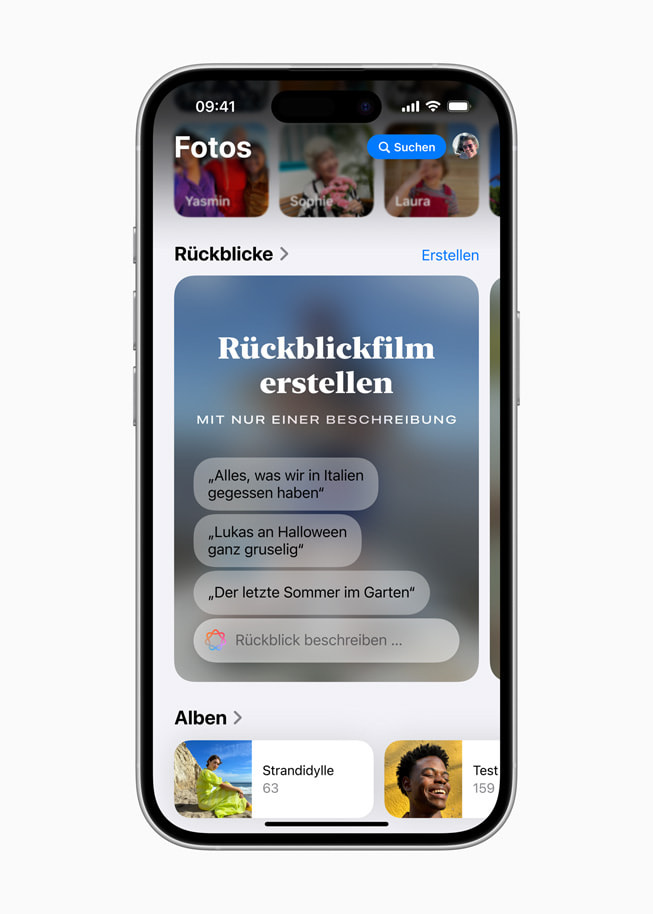 Rückblick mit der Aufforderung, einen Rückblickfilm ausschlie?lich mit einer Beschreibung zu erstellen, auf einem iPhone 16.
