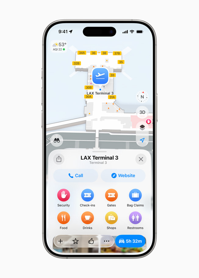 On iPhone 16 Pro, the Maps app shows navigation inside LAX Terminal 3.