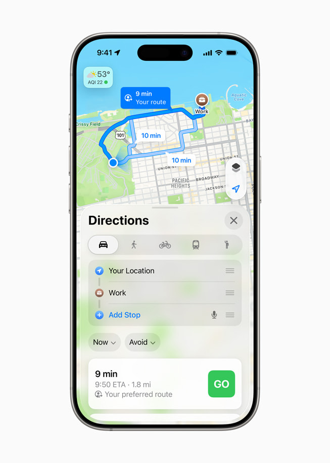 iPhone?16?Pro viser en brukers foretrukne rute til jobb i Kart-appen.