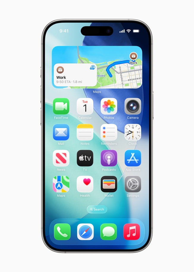 Kart-widgeten p? iPhone?16?Pro viser en brukers estimert reisetid til?jobb.