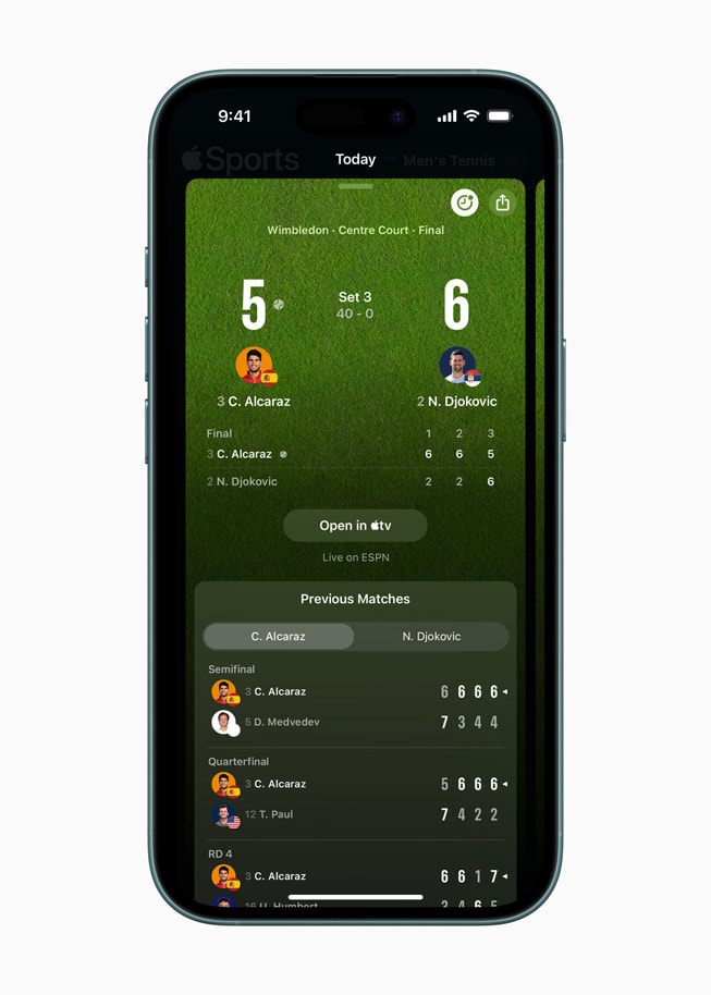 Onglet Aujourd’hui d’Apple Sports affichant le pointage d’un match de tennis.