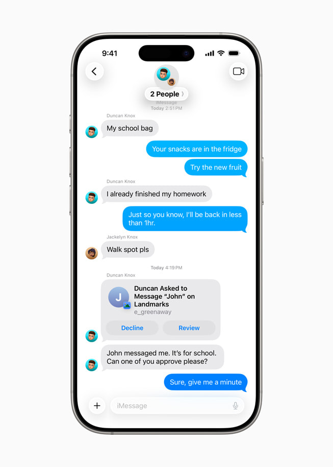 A Messages screen on iPhone 16 Pro shows a prompt asking a user to either decline or review a request to message on another app.