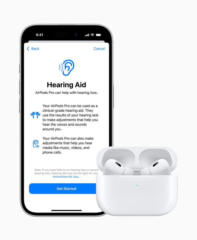 「助聽」功能顯示於搭配 AirPods Pro 的 iPhone 16 Pro 上。