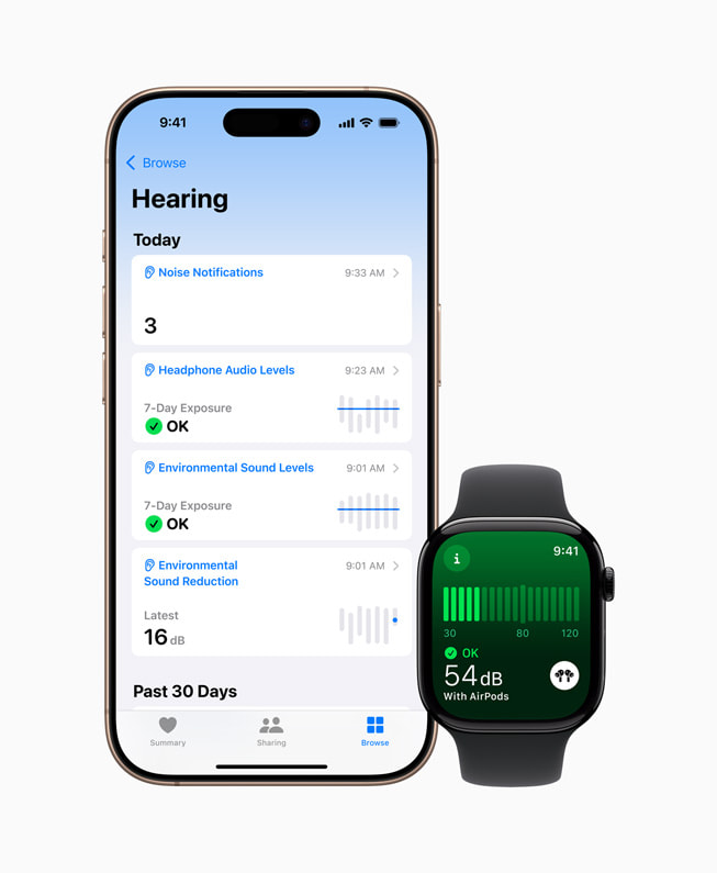 「健康」app 顯示於 iPhone 16 Pro 上，以及 Apple Watch Series 10 上的「噪音」app。