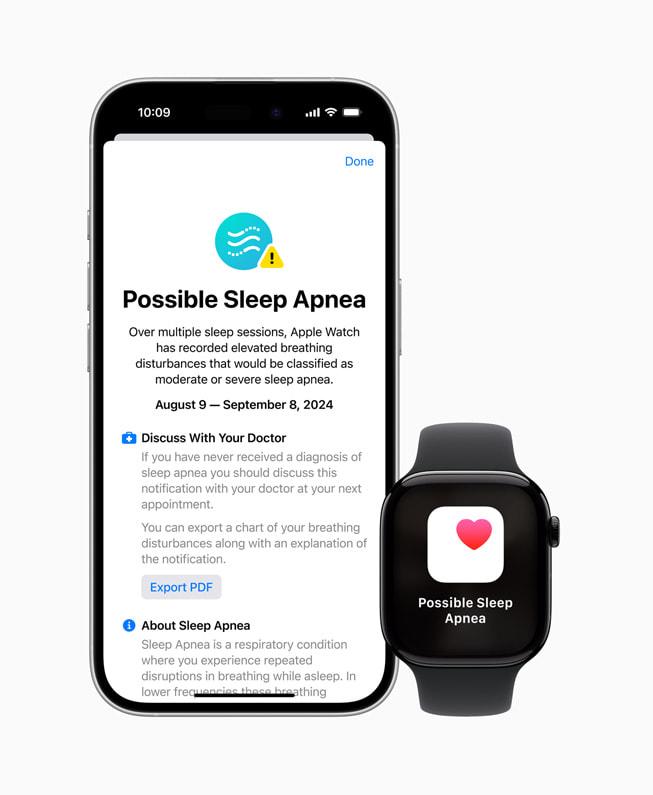 全新睡眠呼吸中止癥通知功能顯示於 iPhone 16 Pro 和 Apple Watch Series 10 上。