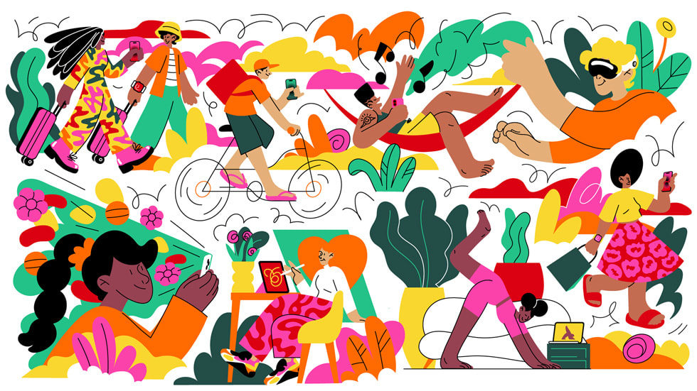 Uma ilustra??o com várias pessoas caminhando, andando de bicicleta, fazendo exercícios e sentadas à mesa. Todas usam alguma tecnologia da Apple.