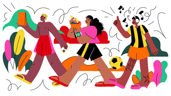 Uma ilustra??o colorida de pessoas caminhando e fazendo várias atividades com aparelhos Apple. 