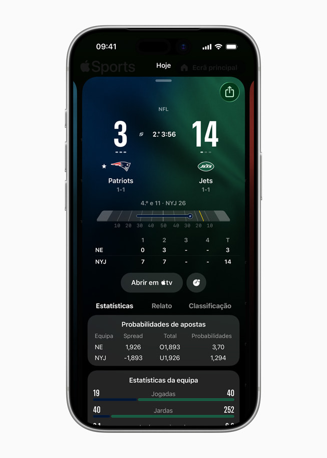 iPhone 17 Pro shows an Apple Sports screen, featuring an NFL game with the live score as well as betting odds and team stats displayed.