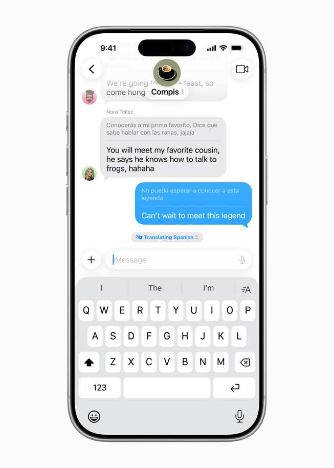 The new Apple Intelligence-powered Live Translation feature is shown in the Messages app on iPhone 17 Pro.