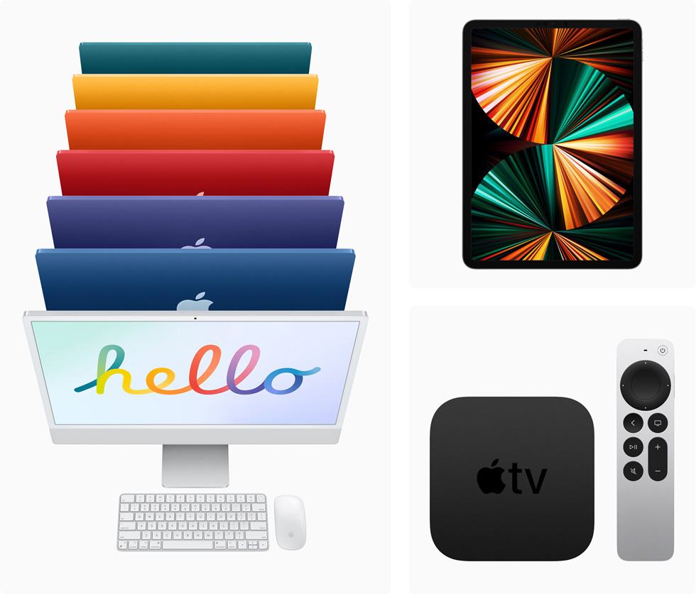 The all-new iMac models in seven colours, iPad Pro, and Apple TV 4K with Siri Remote.