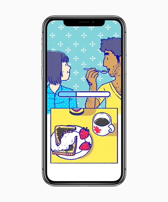 iPhone X, Florence’ta birlikte kahvalt? yapan bir ?ift animasyon karakterini g?steriyor