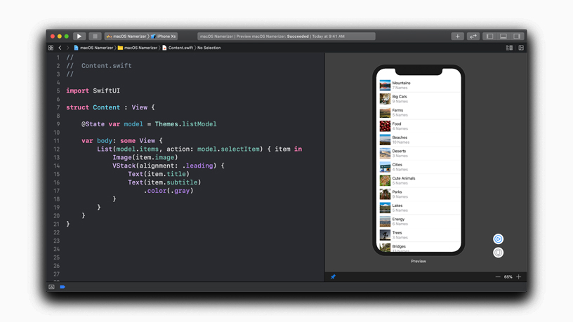 SwiftUI tasar?m arac?n?n dizilimi.