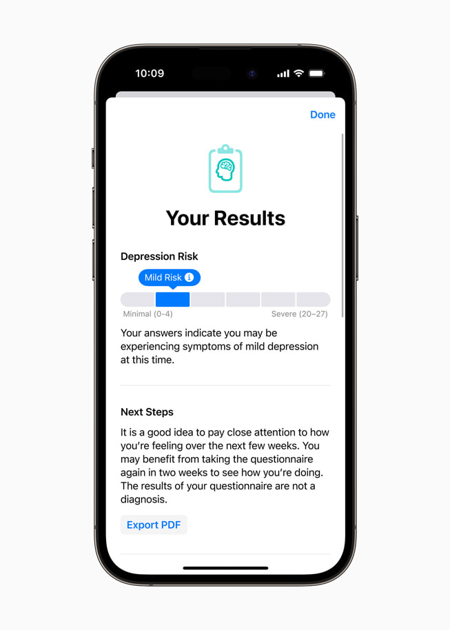 iPhone 14 Pro menampilkan hasil penilaian kesehatan mental. 