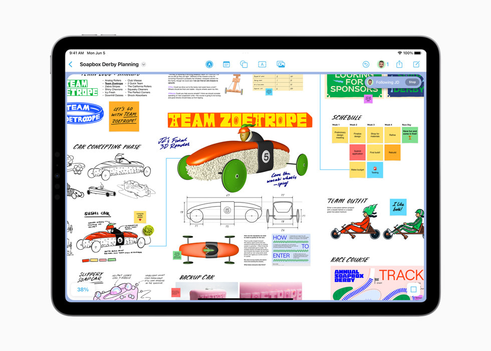 Ein iPad?Pro zeigt verschiedene Illustrationen und Zeichnungen sowie die Zusammenarbeit in Freeform an.