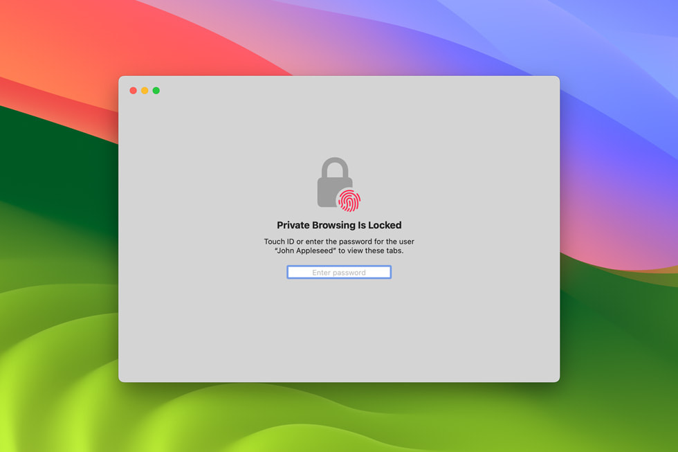 Sebuah layar menampilkan jendela penelusuran yang terkunci di Safari dan meminta Touch ID atau kata sandi agar tab kembali dapat dilihat.