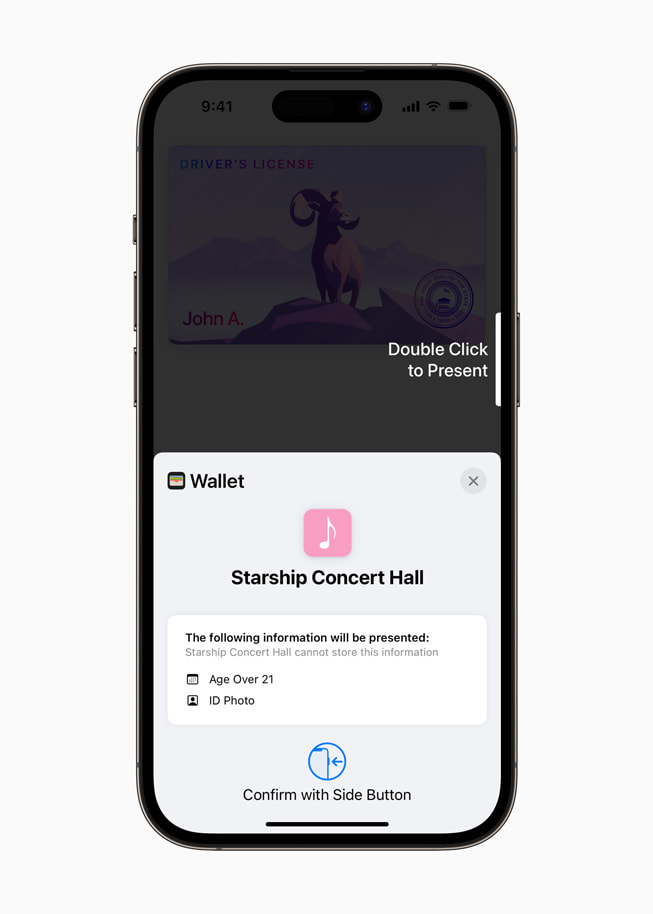 iPhone 14 Pro menampilkan informasi yang dibagikan ke Starship Concert Hall, termasuk Usia Di Atas 21 dan Foto Identitas.