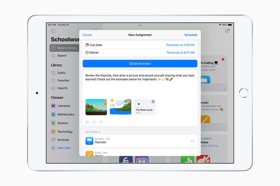 iPad’de g?sterilen, Apple’?n Okul uygulamas?ndaki multimedya ekleme ?zelli?i.