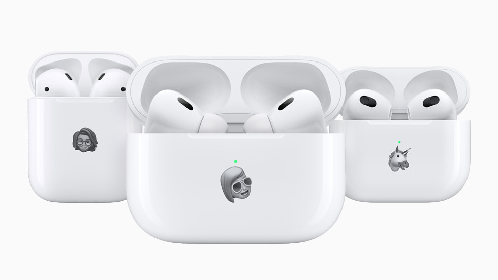 AirPods (2. nesil), AirPods (3. nesil) ve AirPods Pro (2. nesil) kutular? üzerindeki ki?iselle?tirilmi? Memoji ve Animoji’ler.