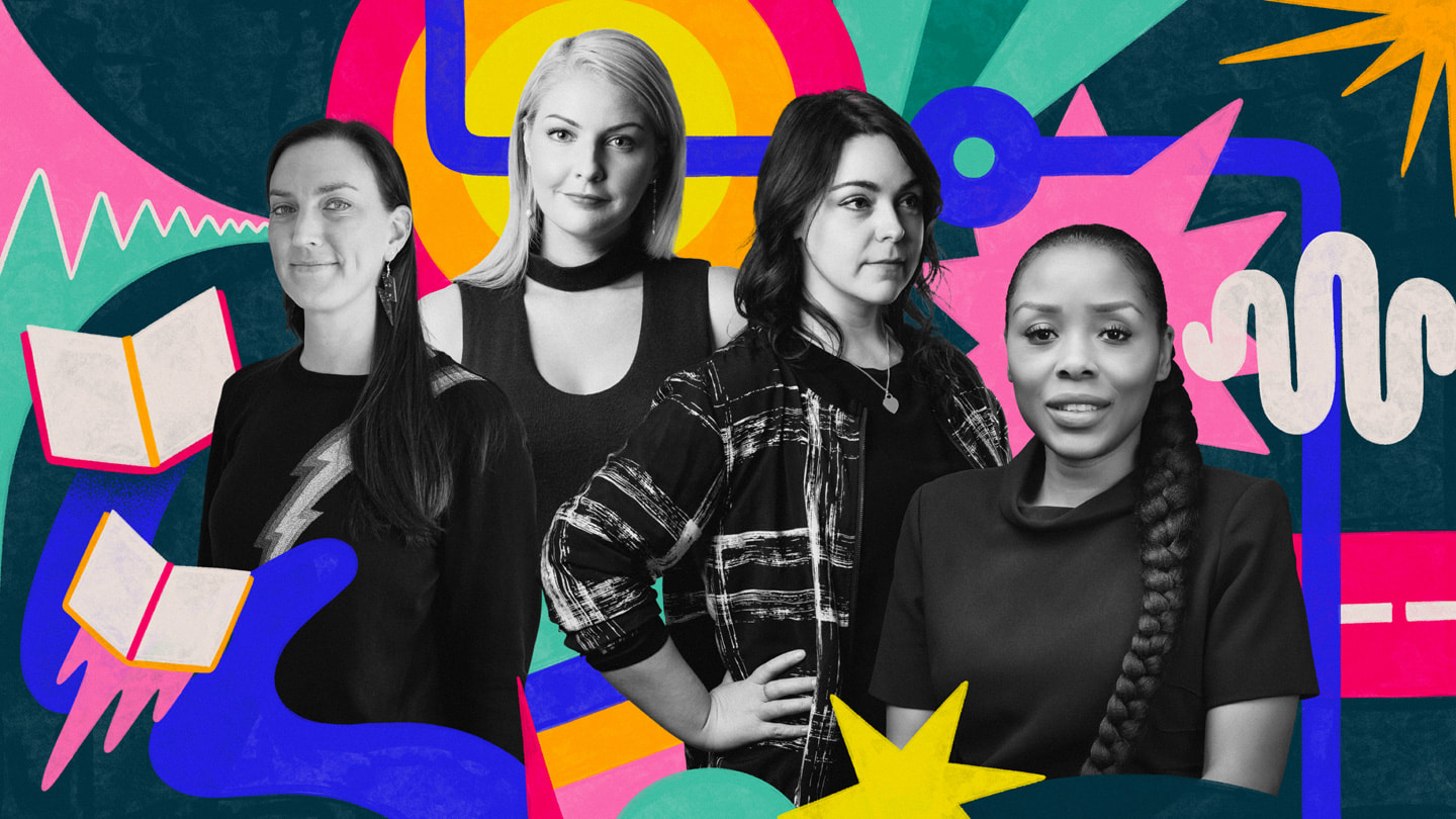 Jes Wolfe c?a Rebel Girls, Chantelle Cole và Niamh Fitzgerald c?a Dinosaur Polo Club, và Dayo Akinrinade c?a Wisdom trong b?c hình b?ng ?nh ghép ?en tr?ng ??t trên n?n minh h?a ??y màu s?c.