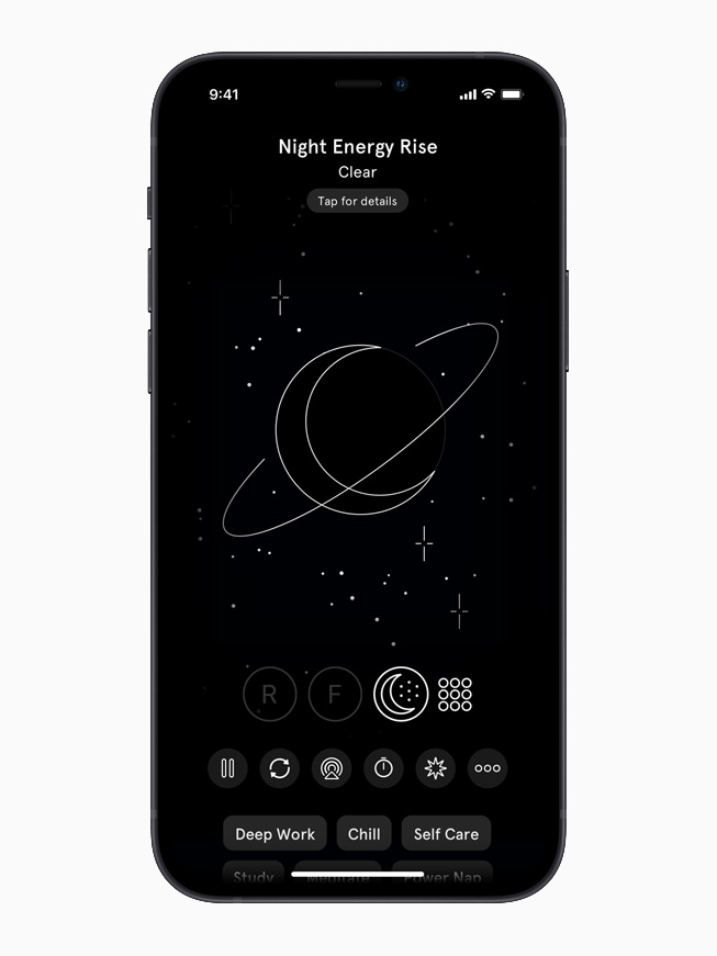 iPhone 12’deki Endel uygulamas?nda Night Energy Rise (Gece Enerji Art???) ekran? g?rüntüleniyor.
