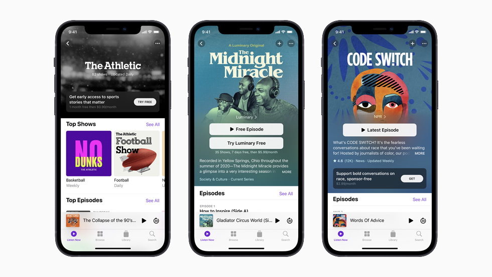 The Athletic, The Midnight Miracle ve Code Switch podcast’lerinin her biri ayr? birer iPhone 12 ekran?nda g?steriliyor.