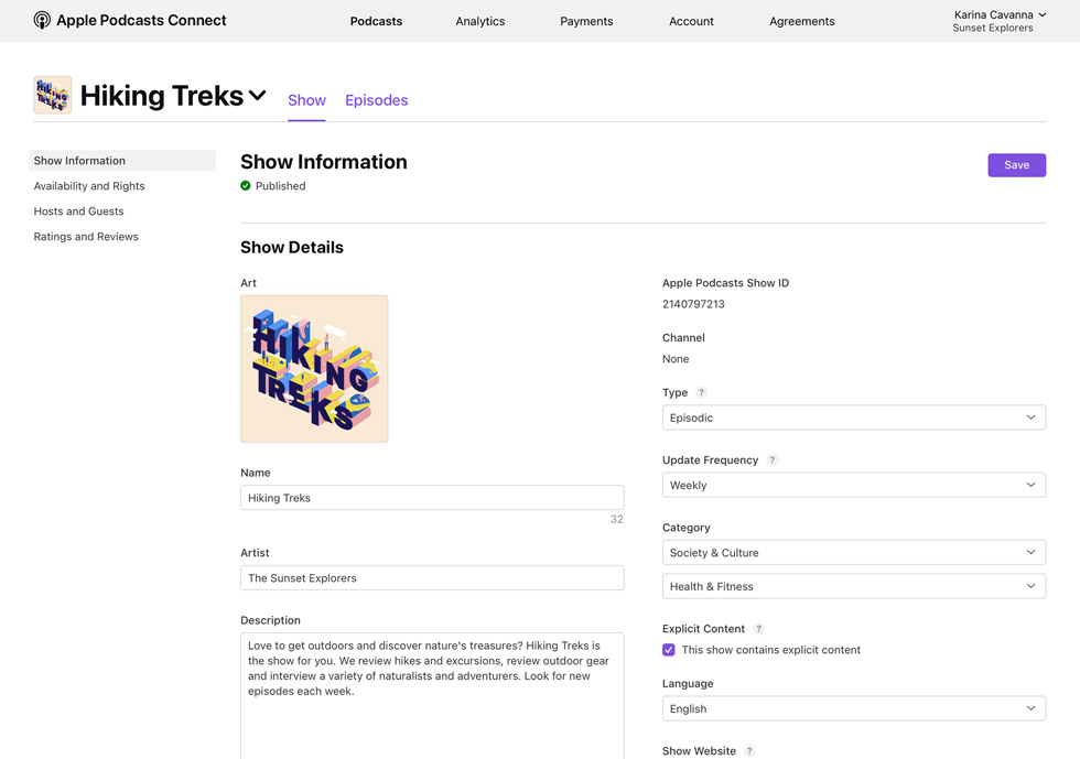 Hiking Treks podcast’inin program bilgilerini g?steren bir Apple Podcasts Connect sayfas?.