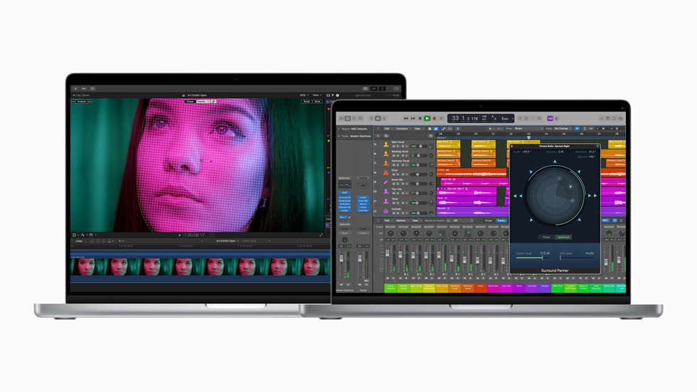 Final Cut Pro ve Logic Pro’nun güncellenmi? ?zelliklerini kullanan M1 Pro ve M1 Max ?ipe sahip iki farkl? boyutta MacBook Pro.
