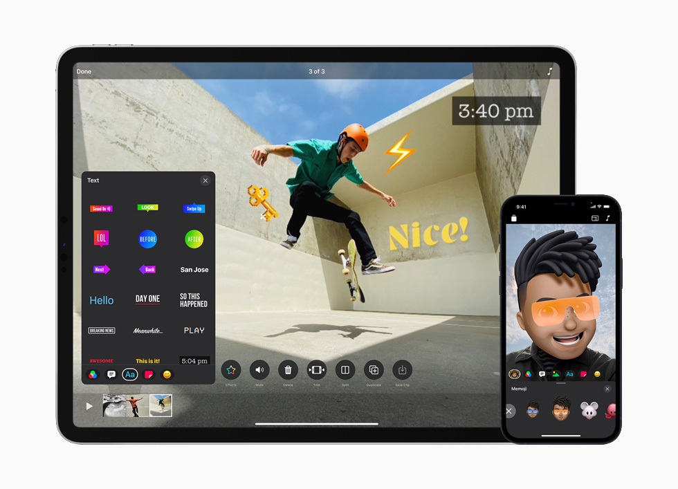 iPad Air ve iPhone 12’de g?rüntülenen haliyle geli?tirilmi? Clips arayüzü.