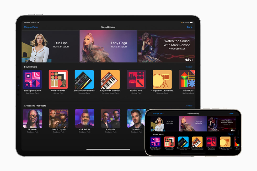 iPad Pro ve iPhone 12 Pro ekran?nda GarageBand uygulamas?ndaki Ses Ar?ivi g?steriliyor.