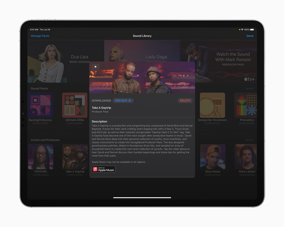 iPad Pro’da GarageBand uygulamas?nda Take A Daytrip Prodükt?r Paketi’nin bilgi kart? g?steriliyor.