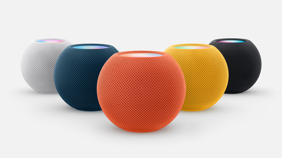 Beyaz, mavi, turuncu, sar? ve uzay grisi renk se?enekleriyle sunulan yeni HomePod?mini.