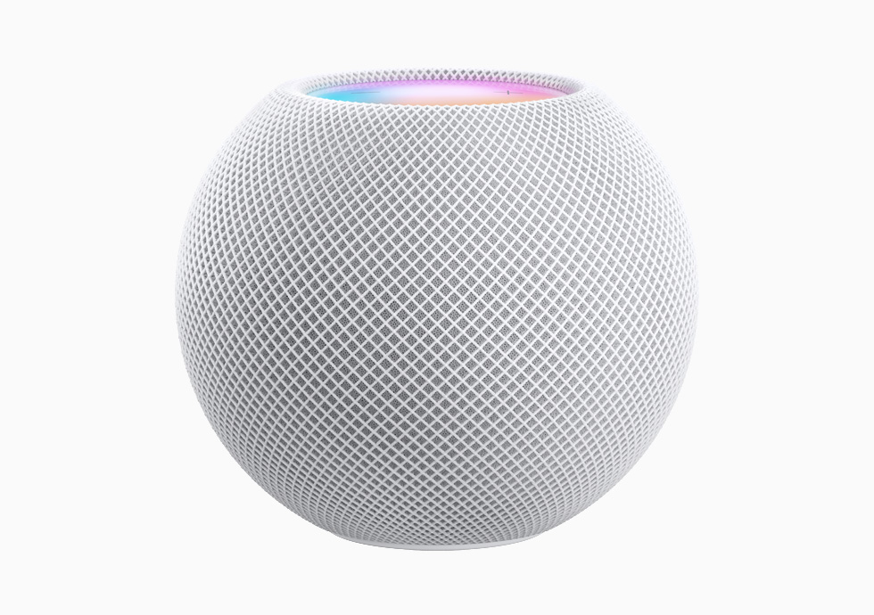 Beyaz renkli HomePod mini. 