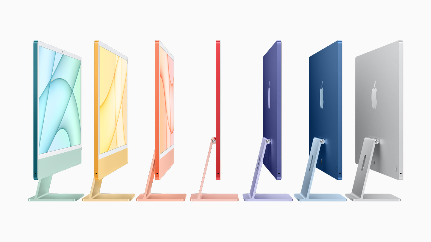 Yedi yeni iMac modeli, bilgisayar?n ince profilini ve sunulan renk se?eneklerini g?steriyor.