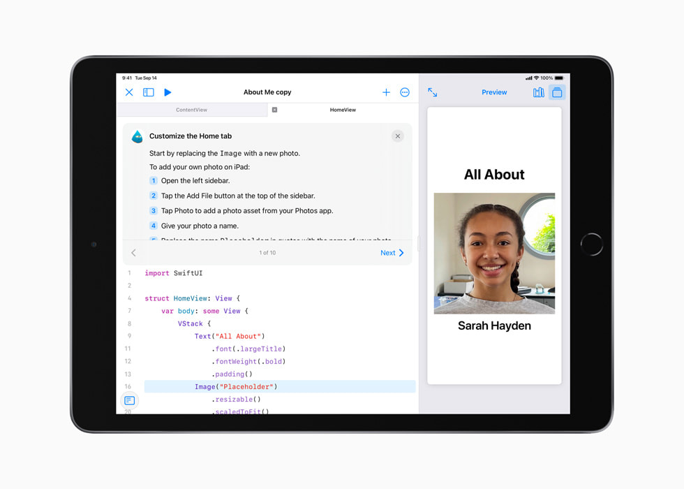 iPad’de bir ??rencinin Swift Playgrounds’da haz?rlad??? All About Me projesi g?steriliyor. 